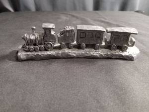 lot 6349 image: Micheal Ricker Pewter Train Set Figurine with Locomotive and 3 Cars on Base