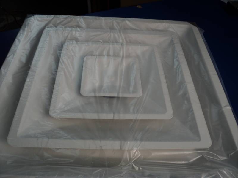lot 4551 image: Venti HVAC part metal grill, HT3 D06, 3 cone-6 collar, cover is bent on corners and around collar, see photos