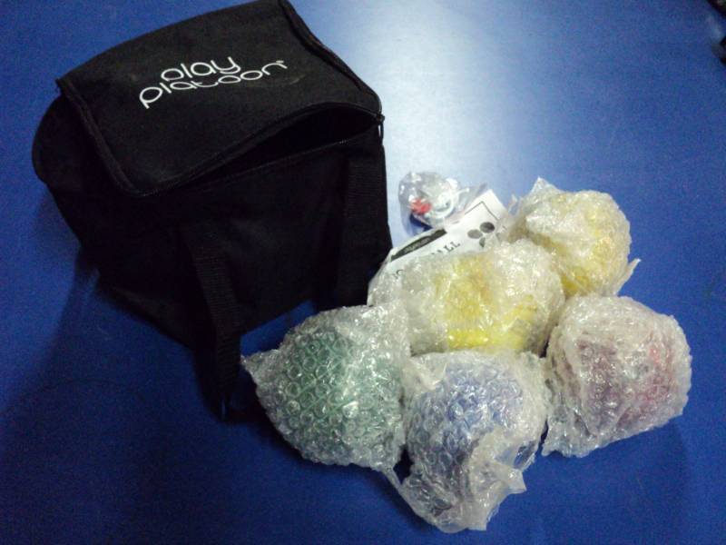 lot 4576 image: Play Platoon Bocce ball game pieces w bag, incomplete set, includes 5 balls and instructions