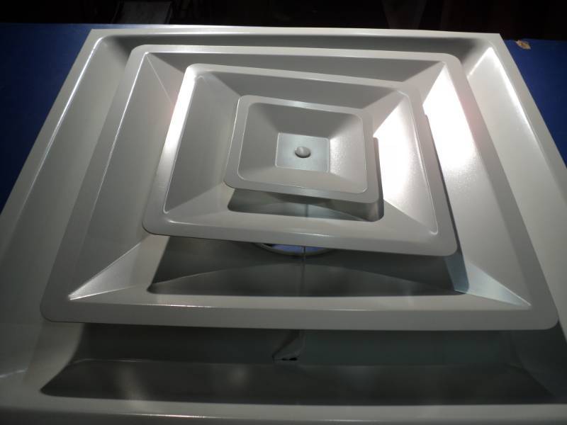 lot 4589 image: US Aire 3- cone step down diffuser, 24 x 24, W0004567-4, (2) in box shipping damage, please see photos