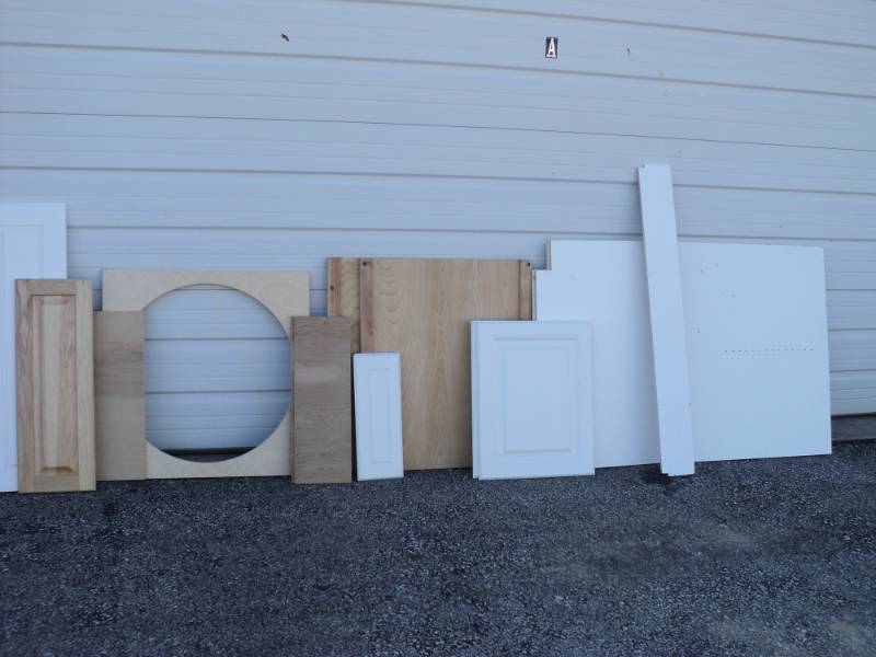 lot 4683 image: (16) ct lot of scrap wood and composite wood pieces for cabinets furniture, assorted shapes and styles, great for projects