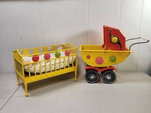 lot 104 image: Vintage Doll Crib and Carriage Set Yellow Red 2 Piece Baby Accessory