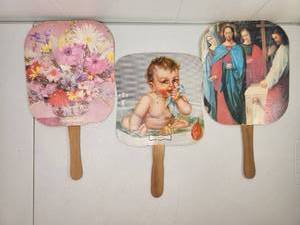 lot 137 image: Church Hand Fans with Wooden Handles Set of 3