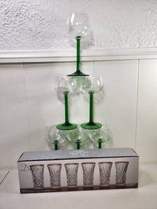 lot 173 image: Dublin Crystal Set of 6 Vodka Shooters with Gold Band &amp Green Stemmed Vintage French Wine Glasses