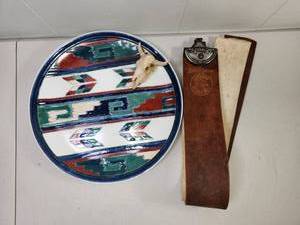 lot 176 image: Barbers Special Genuine Horse Hide Strop with Geometric Ceramic Plate And Mini Cow Skull