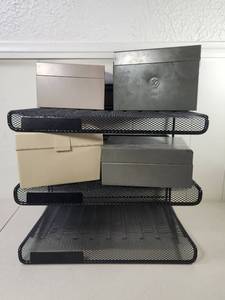 lot 196 image: Desktop File Organizer 3-Tier Mesh Shelving Unit with Storage Boxes