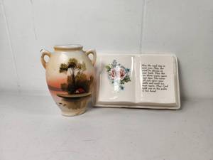 lot 221 image: 2-Piece Ceramic Lot Decorative Vase with Handles and Irish Blessing Plaque