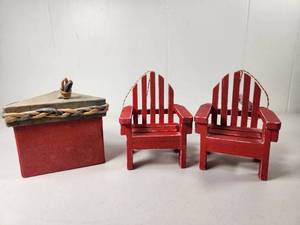 lot 230 image: Red Adirondack Chair Miniatures with Storage Box, 3-Piece Set