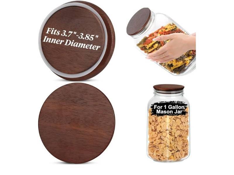 lot 27669 image: 2 PCS 1 Gallon Mason Jar Lids Wooden Fits 3.7 Inch Inner Dia Replacement Mason Jar Lids Wooden Lid with Silicone Seal Only for 1 Gallon Jars(NOT for 3.38  86 mm Standard Wide-mouth. Measure First) - Retail $15