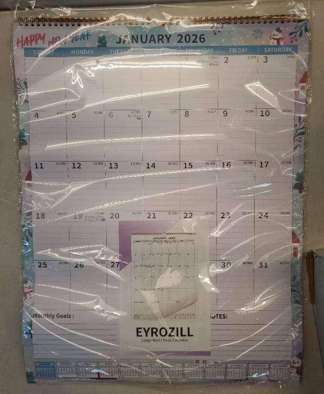 lot 27645 image: Large Calendar with Spiral Bound - 12 Month Big Calendar from January 2026 to June 2027, Vertical Large Monthly Calendar for Wall, 17x22in. - Retail $16