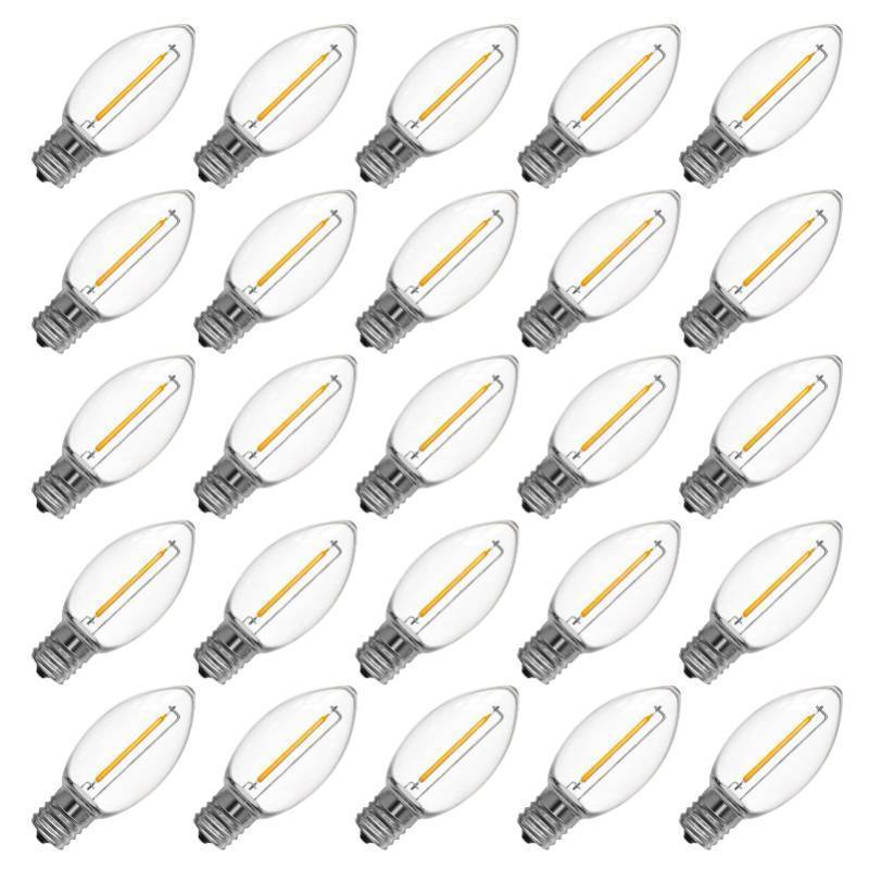 lot 35938 image: Meconard C9 Led Replacement Christmas Light Bulb, 25 Pack C9 Shatterproof Led Bulbs for Christmas Outdoor String Lights, E17 Intermediate Base, Commercial Grade Holiday Bulbs, Warm White - Retail $20