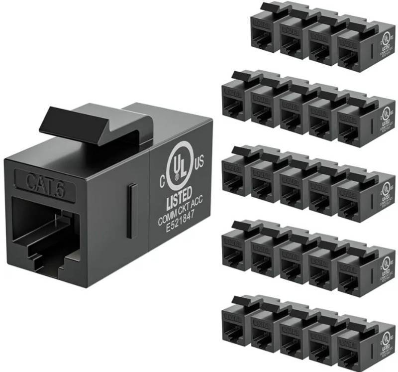 lot 46292 image: VCE CAT6 RJ45 Keystone Couplers (UL Listed), 25-Pack Ethernet Keystone Jack Female to Female UTP for Cat6Cat5eCat5 Network Cable, 1000 Mbps, Black - Retail $21