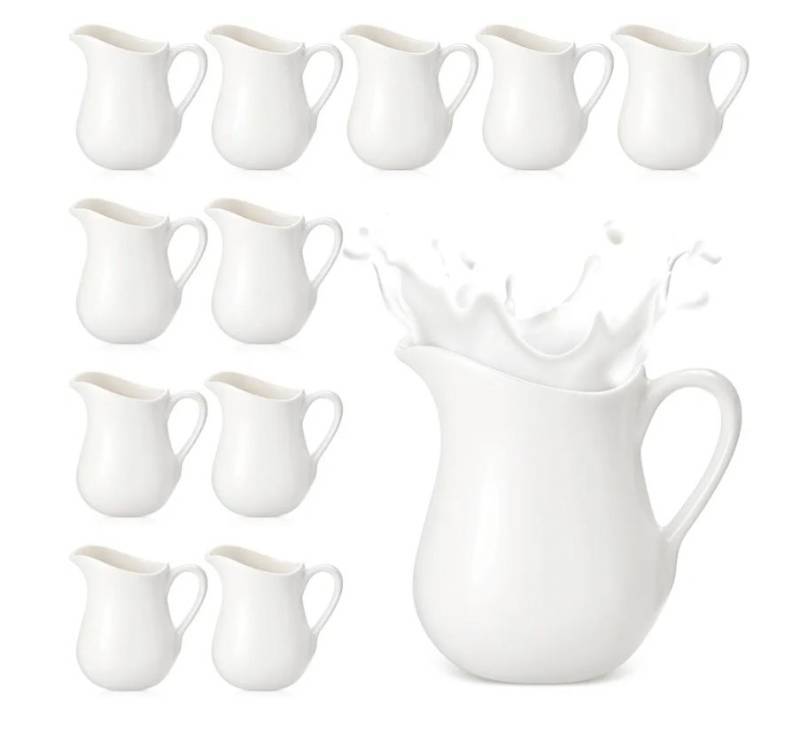 lot 46392 image: 12 Pcs 3 oz Small Creamer Milk Pitcher, Classic White Porcelain Creamer with Handle, Ceramic Maple Syrup Dispenser, Coffee Dairy Container for Milk Sauce Salad, Microwave - Retail $39
