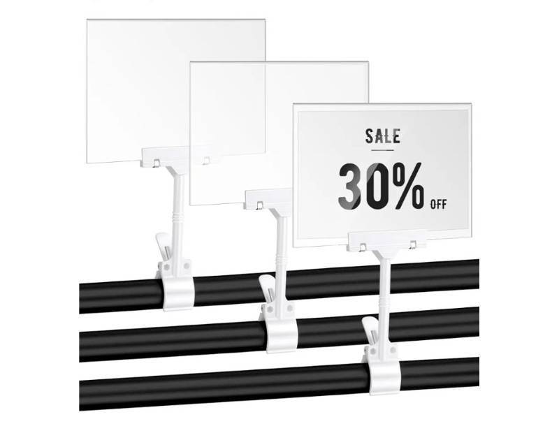 lot 46402 image: 3 Pcs Acrylic Clip on Sign Holder with Clamp 5.5 x 7 Inch Retail Store Signs Displays Double Sides Swivel Signage with PVC Card Clothing Price Hanging Signage for Supermarket Business (One Display has a Damaged Corner) - Retail $20
