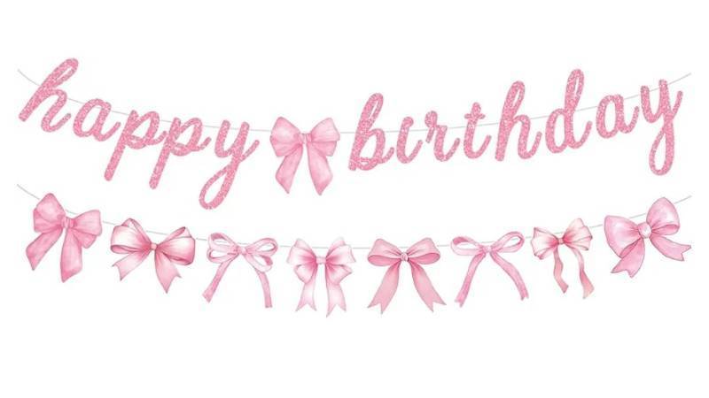 lot 46449 image: Pink Bow Happy Birthday Banner Garland for Girl Pink White Bow Party Decor Coquette Birthday Party Decorations - Retail $10