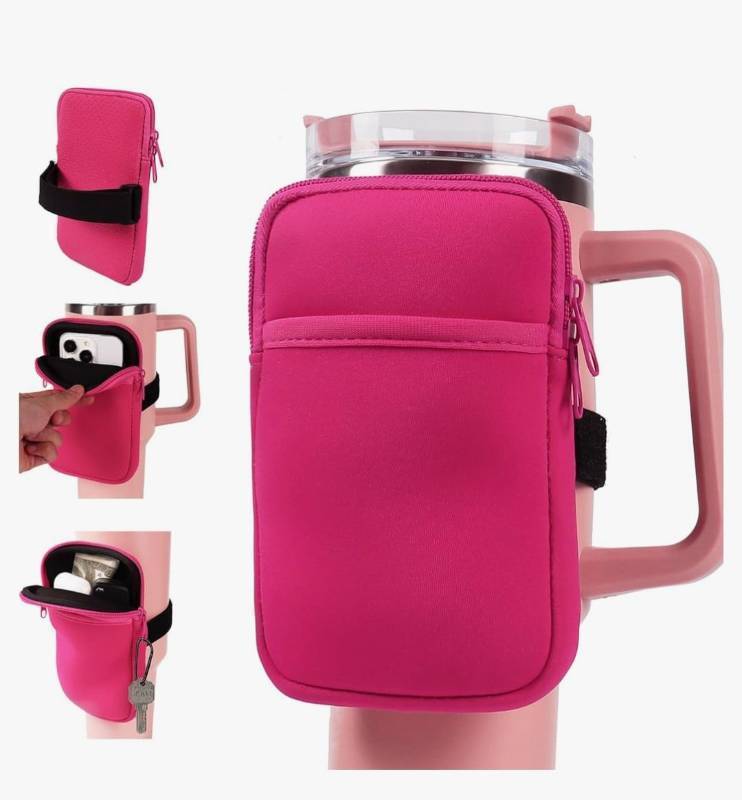 lot 46452 image: Water Bottle Pouch For Stanley cup accessories 40oz 20oz 30oz,tumbler pouch with Versatile Pocket, for Cards, Keys, Earphone. Fits for Phones, Use for Running, Walking, Hiking, Biking, DeepPink - Retail $9