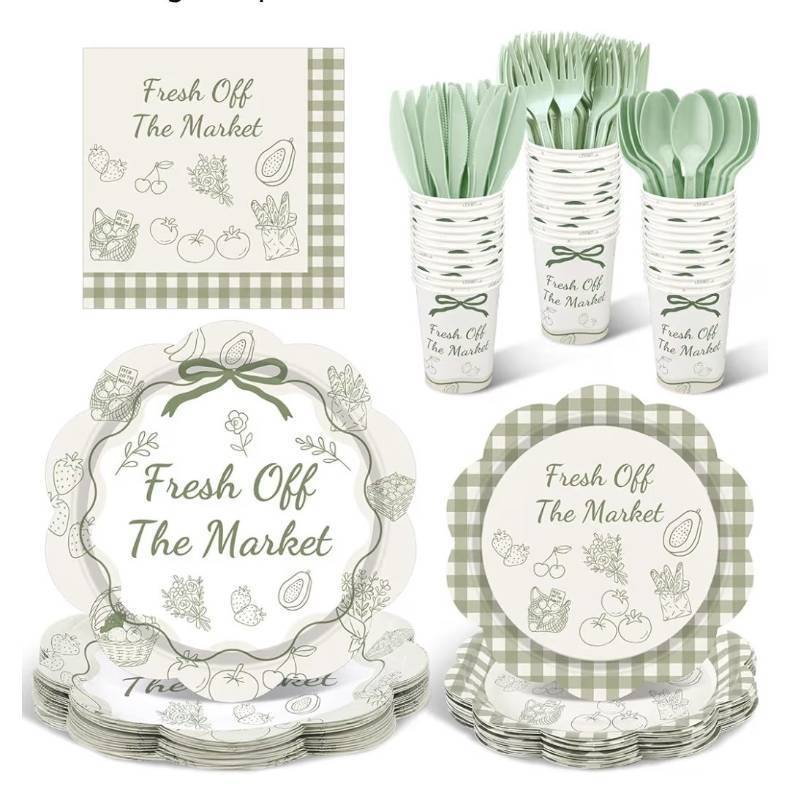 lot 46492 image: 175 Pcs Fresh Off the Market Bridal Shower Decorations Disposable Tableware Set Farmers Floral Theme Paper Plates Napkins Cups Forks Bachelorette Party Supplies Serves 25 - Retail $27