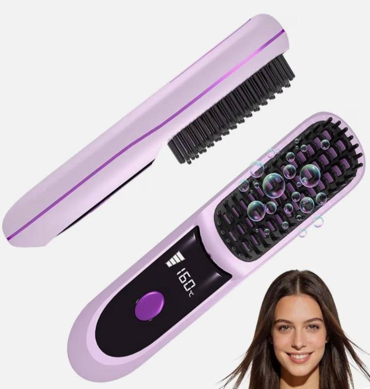 lot 46501 image: Portable Straightener Brushes for Travel, with LCD Temperature Display, Fast Heating Cordless Mini Hair Brush - Retail $20