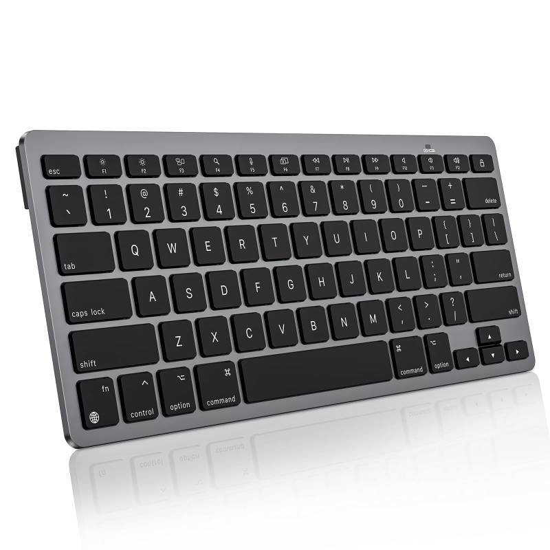 lot 46511 image: Ultra-Slim Wireless Keyboard for Mac, Stable Bluetooth Connection, Ergonomic Tilt Angel, Auto Sleep Energy Saving & Portable for Business Trip & Travel, Compatible with MacOS 10.10, Black Grey - Retail $20
