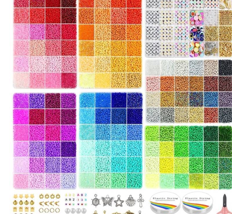 lot 46540 image: 3mm 45000pcs Glass Seed Beads Kit, 7 Boxes 144 Colors Small Beads for Bracelets, Friendship Bracelet Kit with Charms and Letters