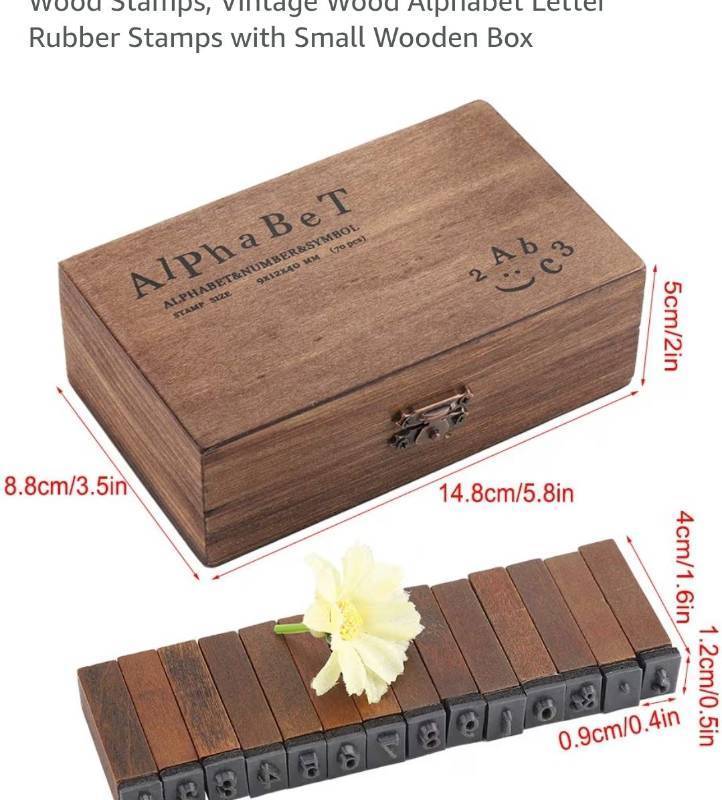 lot 46543 image: Wood Stamps, Vintage Wood Alphabet Letter Rubber Stamps with Small Wooden Box