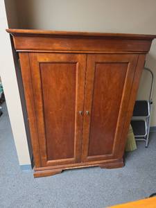 lot 26 image: Two-Door Wood Armoire Cabinet, see desc for info on inside Shelves. 44.5W x 23.5D x 59.25H
