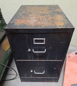 lot 37 image: 2-Drawer Steel Filing Cabinet - finish wear and some rust on top.  18 W x 25 D x 29 H