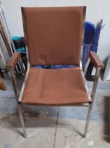 lot 41 image: Aluminum Frame Side Arm Chair with Brown Upholstered Seat and Back - seat has some indention on padding, most likely come out with some heat treatment