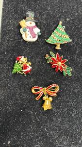 lot 100 image: Holiday Christmas Brooch Pin Lot - 5 Pieces - Snowman, Tree, Santa, Poinsettia, Bell