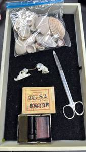 lot 110 image: Mixed Lot Seashells, Scissors, Ceramic Dog Figurines, KS405 stamp kit