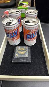 lot 111 image: Billy Beer 4 Pack Pull-Tab Beer Cans (all are opened) and a Chevrolet Certified Truck Sales Professional Paper WeightPen Holder with BlackGray marble base