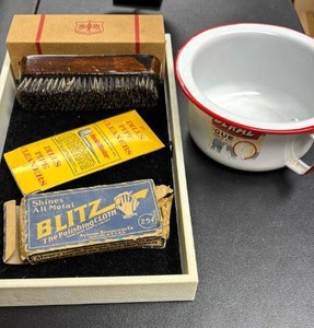 lot 113 image: Vintage Items - West Point Shoe Brush, Dills Pipe Cleaners, Blitz Polishing Cloth, and Federal Enamel bed chamber pot