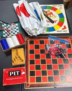lot 145 image: Board Game Lot - Parker Brothers PIT, Twister, Checkers, Wooden Game, and Pieces and Poker Chips.