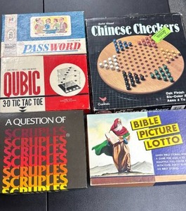 lot 147 image: Lot of 5 Board Games Password, Qubic 3-D Tic Tac Toe, Chinese Checkers, Scruples, Bible Picture Lotto