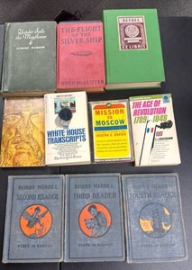lot 209 image: Vintage Books - including Yonder Sails the Mayflower, The Flight of the Silver Ship, White House Transcripts, and Vintage State of Kansa Bobb Merrill Childrens Readers