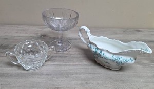 lot 408 image: Lot of 3 Glassware and Ceramics Bowls Pedestal Bowl, Cup, Gravy Boat