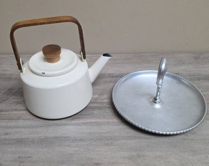 lot 417 image: White Enamel Teapot with Wood Handle and Lid, and Chrome serving plate with center handle