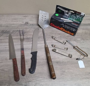 lot 429 image: Chefs Choice Diamond Hone Knife Sharpener Model 460 with Kitchen Knives and Utensils Lot, including some vintage Coors can openers