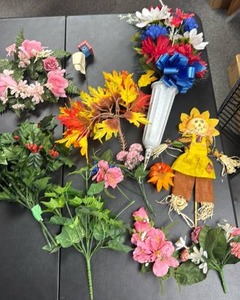 lot 301 image: Artificial Flowers - Floral Stems, Memorial Arrangement, and Scarecrow pic