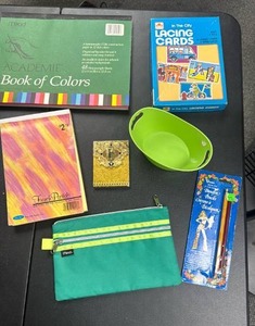 lot 302 image: Art & Craft Supplies Lot Mead Academie Book of Colors, French Pastels, Lacing Cards, Pencils