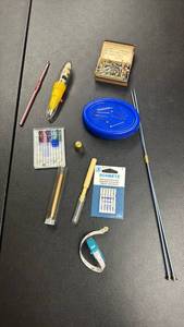 lot 303 image: Sewing & Crafting Supplies Lot -Needles, Pins, Crochet Hooks, Measuring Tape, Magnetic Pin Holders (one blue, one red (red one not in lot picture, see additional photo)