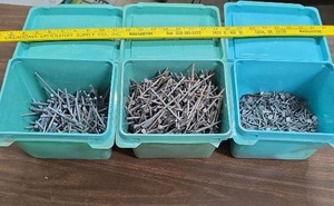 lot 926 image: Assorted Nails and Fasteners in 3 Turquoise Bins - bins are dirty on top