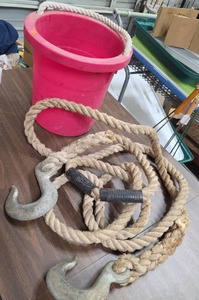 lot 962 image: Twisted Rope Tow Line with Two Metal Hooks and Pink Plastic Bucket with Rope Handle