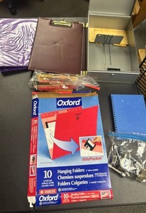 lot 350 image: Office Supply Lot Metal File Box, Clipboard, Oxford Hanging Folders, Notebook