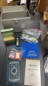 lot 351 image: Office Supply Lot - Metal File Box, Index Cards, Markers, Notebook, Staples