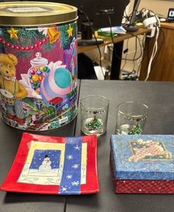 lot 503 image: Holiday Lot  - Large Tin, Ceramic Plate, Gift Box and Drinking Glasses