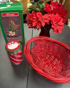 lot 506 image: House of Lloyd Christmas Around the World Christmas Home Harp, Decorative Red Basket, Faux Poinsetta Arrangement, and a tin