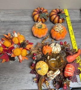 lot 516 image: Fall Harvest Decorative Arrangement with Pumpkins, Gourds, Flowers, one has a votive in the center, two small ceramic pumpkins and two fabric pumpkins