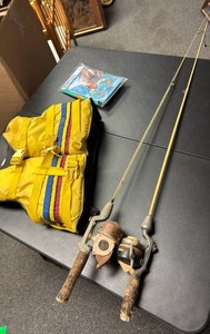lot 761 image: Fishing Rod and Reel Lot with Youth Life Jacket and Swim Armbands