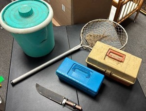 lot 763 image: Fishing Lot - Knife, Net, Bait Bucket, Tackle Boxes, Filet Knife